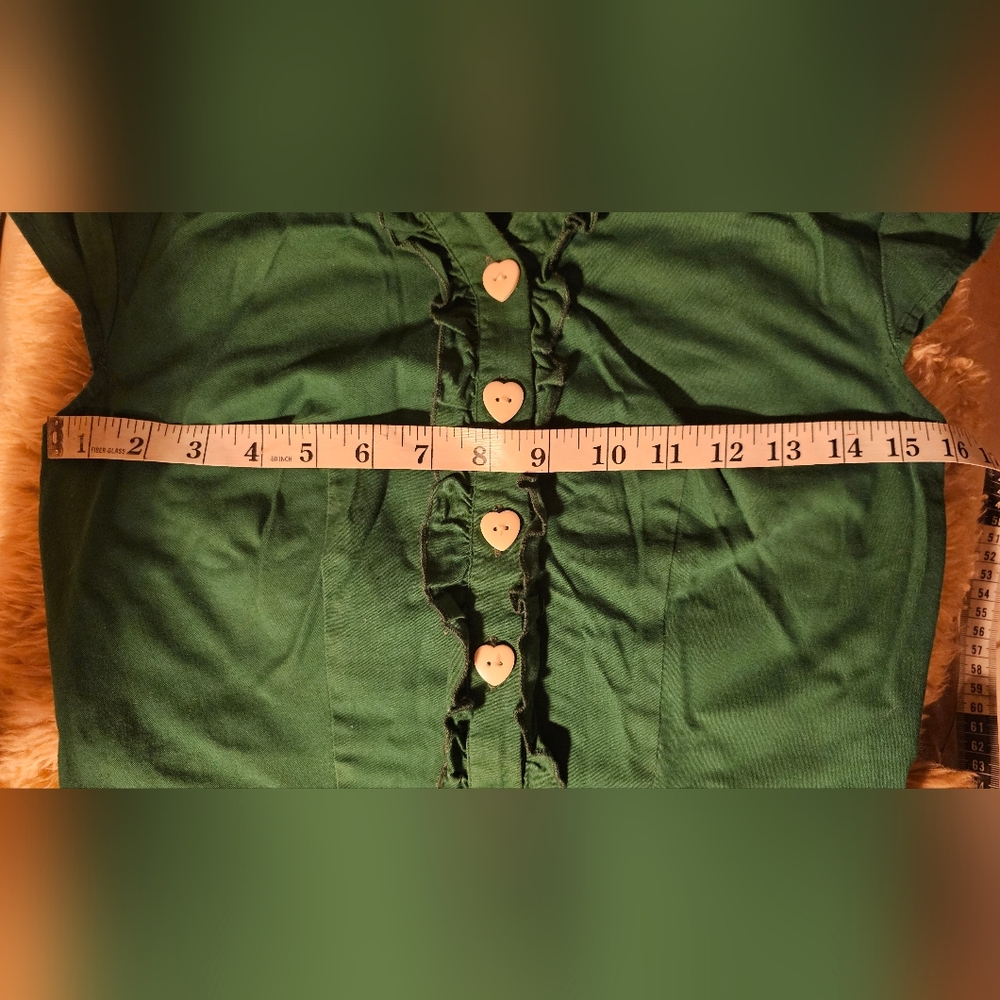 Cotton Green Ruffle Button Dress Heart Buttons - Picture 9 of 11